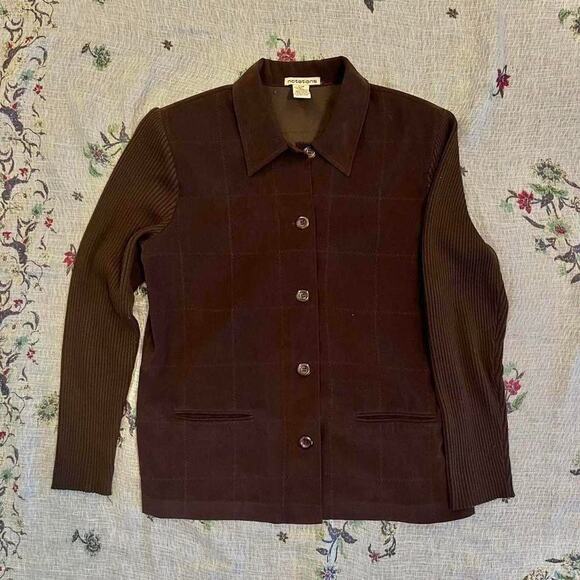 VTG Notations Brown Faux Suede Jacket Shacket Rib Knit Sleeve Medium Western - Picture 1 of 5